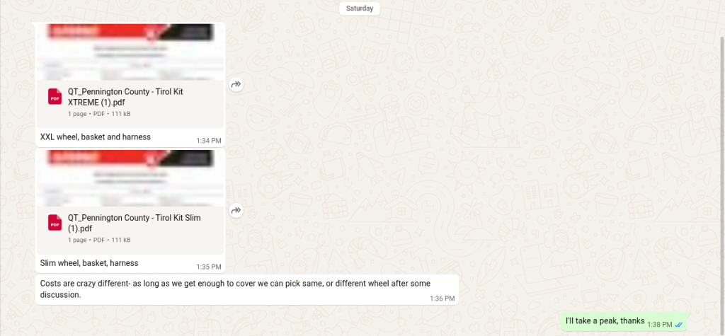 WhatsApp: James Dietz sends Tirol XTREME and Slim quote PDFs, Oct 3 2026