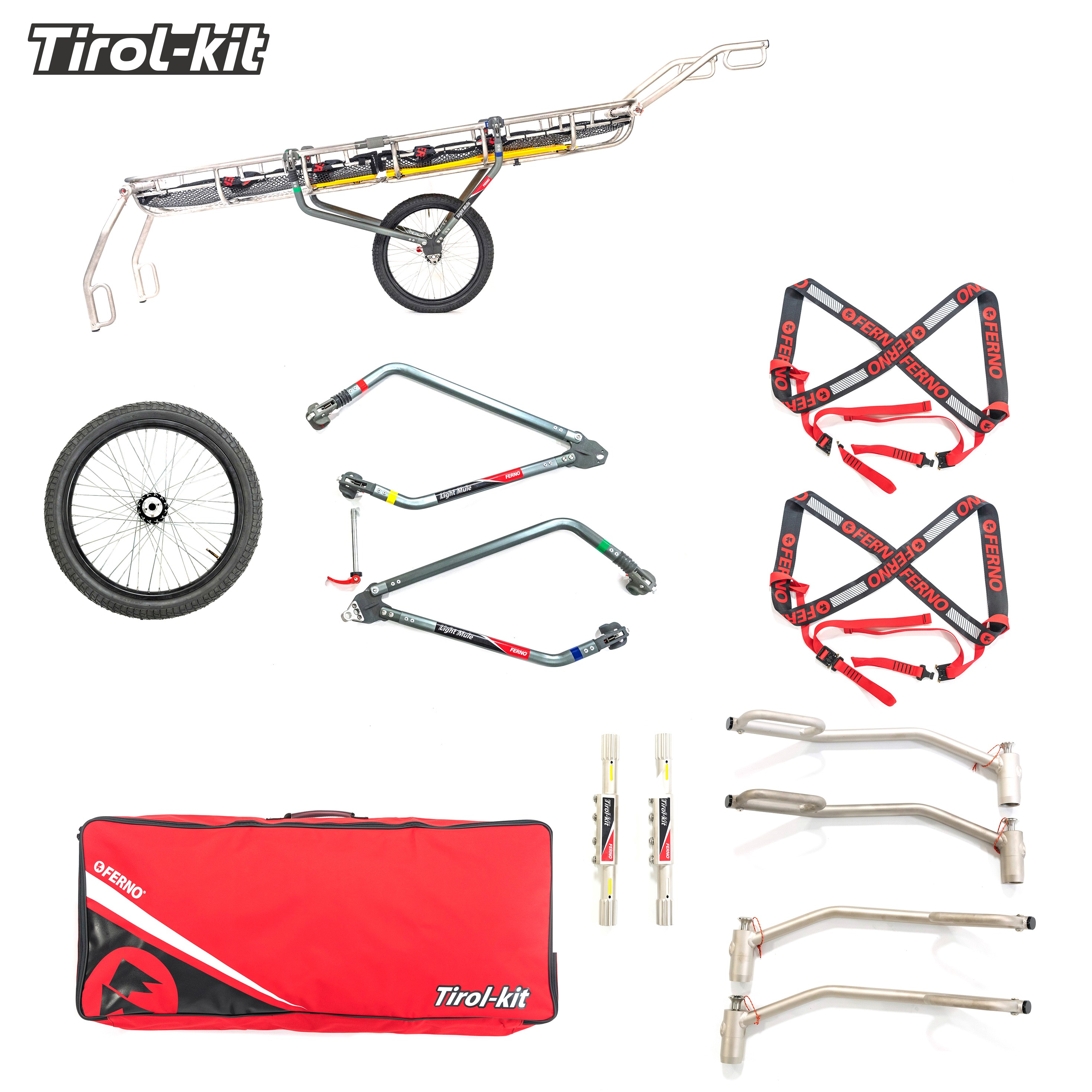 Ferno Tirol wheel kit: wheel, Light Mule arms, 4 handles, 2 shoulder harnesses, carry bag