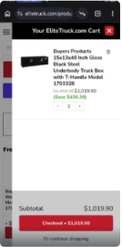 Elite Truck cart: Buyers 1703328 qty 2, subtotal $1,019.90