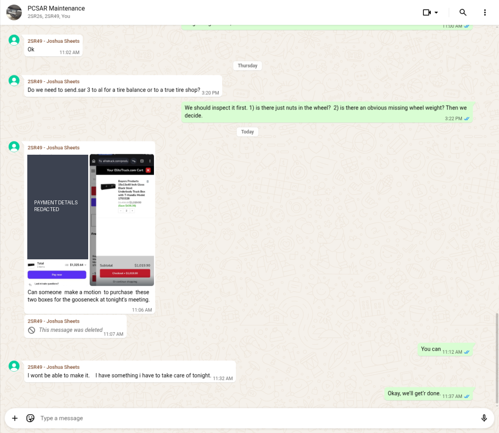WhatsApp PCSAR Maintenance: Josh's cart screenshots with payment details redacted